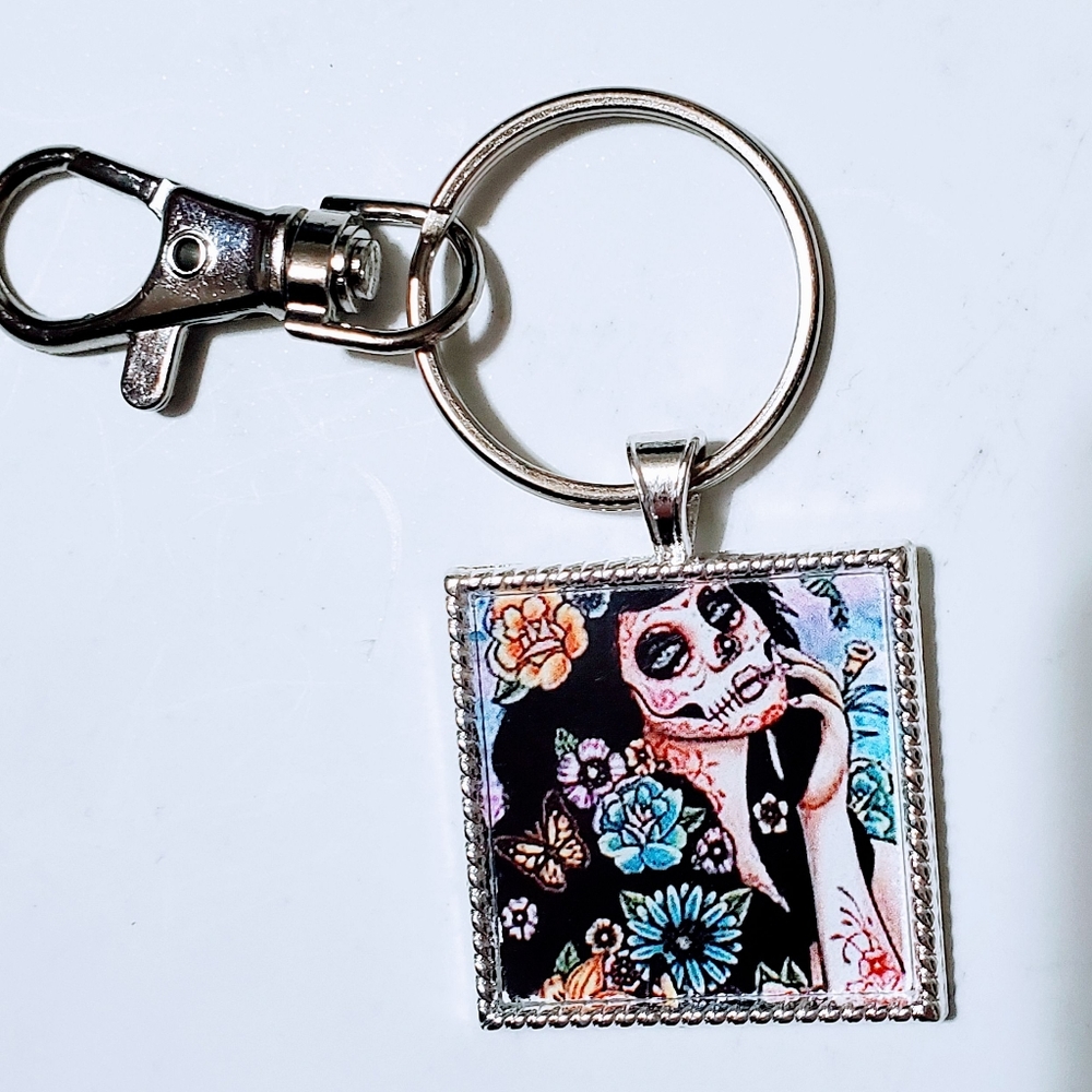 Sugar Skull handmade Key ring new glass face